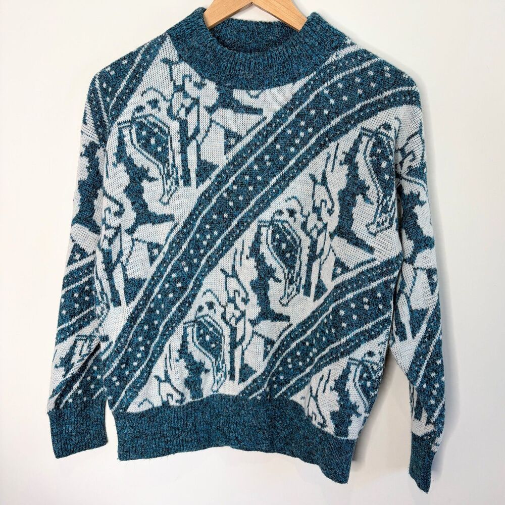 Vintage Sweater Mockneck Abstract Blue Asymmetrical Donagain Women Large